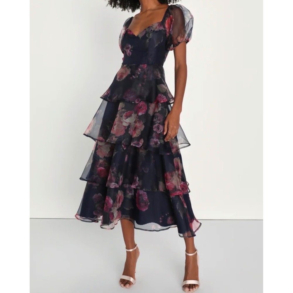 Lulus Oh-So Stunning Navy Blue Floral Organza Tiered Midi Dress‎ Puff Sleeve NEW